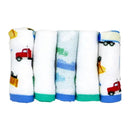 Five colorful washcloths featuring truck and construction vehicle patterns, part of the Rose Textiles hooded towel set.