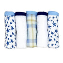 Hooded towels and washcloths set featuring navy blue colors and star patterns, ideal for infants and toddlers.