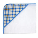Hooded towel featuring a blue plaid design on the hood, soft white fabric, perfect for wrapping infants after bath time.