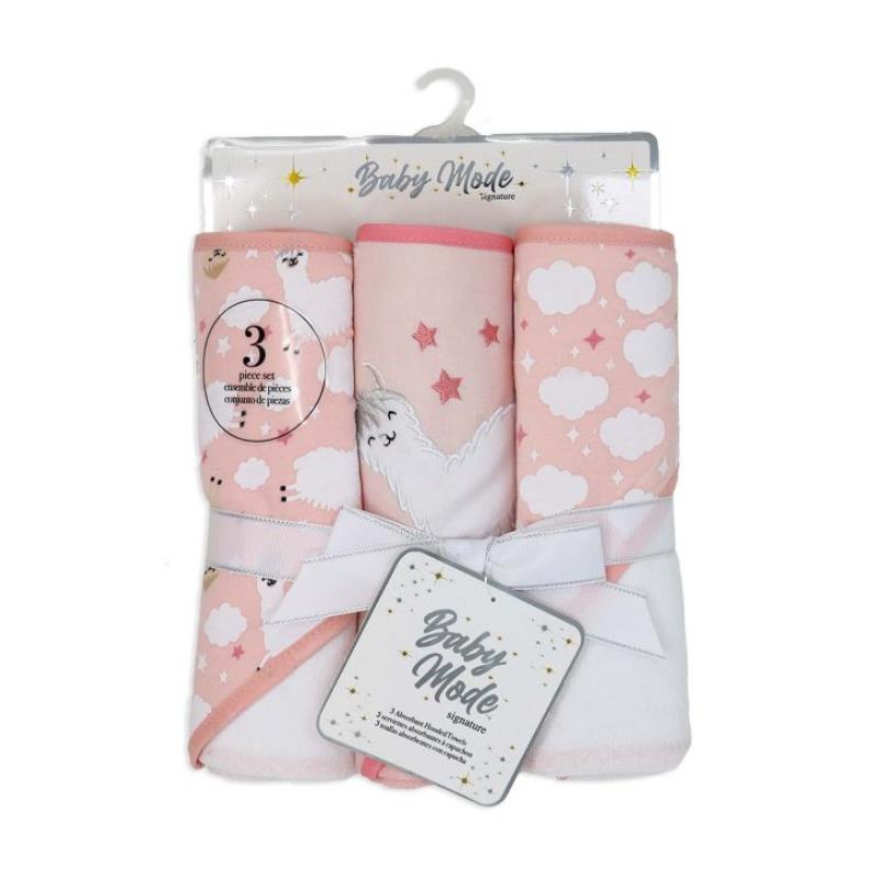 Three-pack hooded towel set featuring a pink llama design, pastel colors, and star and cloud patterns.