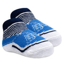 Blue and white striped crew socks for infants, featuring a design and sized for ages 0 to 6 months.