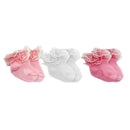 Three pairs of eyelet trim socks in pink and white, featuring lace ruffles at the top designed for infants.