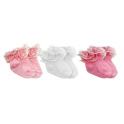 Three pairs of eyelet trim socks in pink and white, featuring lace ruffles at the top designed for infants.