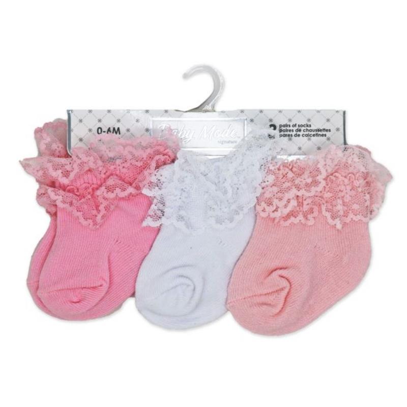 Three pairs of baby socks in pink and white with eyelet lace trim, packaged for infants 0-6 months.