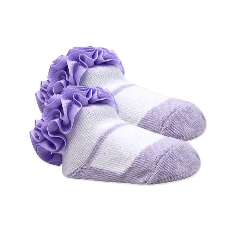 Grosgrain ruffle crew socks for infants in purple, featuring a soft white body with purple detailing and ruffled tops.