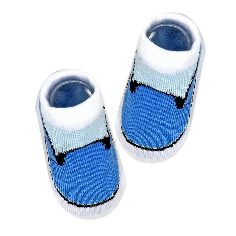 Blue star-patterned socks from the Rose Textiles 3 Pc Socks and Bowties Set, featuring light blue and white colors.