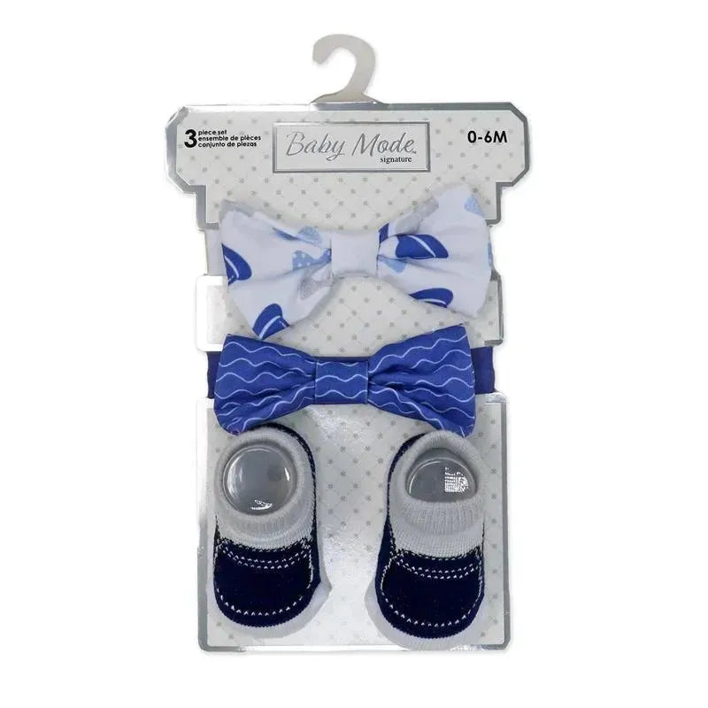 3-piece set for infants includes two blue bowties and a pair of navy socks, suitable for ages 0-6 months.