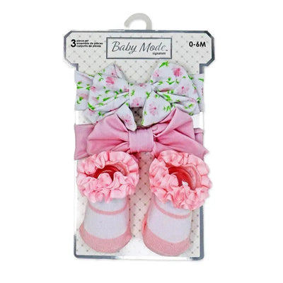 Rose Textiles - 3 Pc Socks And Bowties Set, Pink Flower Image 2