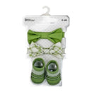 3-piece bowtie and sock set in sage plaid, featuring a solid green bowtie, a plaid bowtie, and coordinating socks.