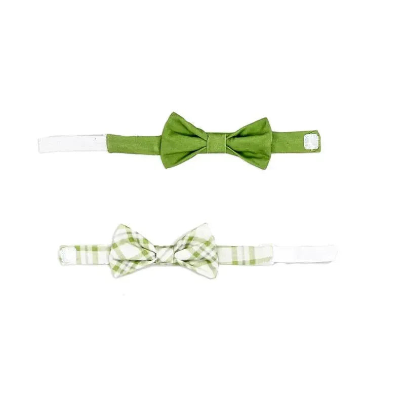 3-piece bowtie and sock set featuring a solid sage green bowtie and a plaid bowtie with green and white stripes.