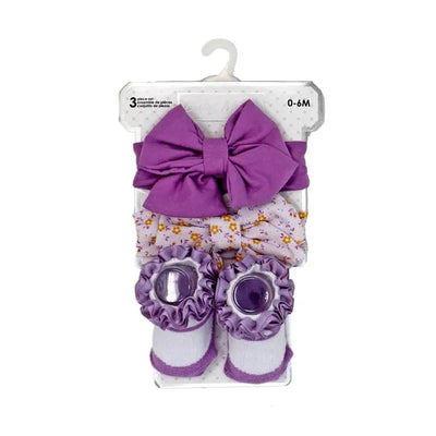 3-piece set with a lilac floral headband, matching socks, and a large bow, ideal for infants aged 0-6 months.