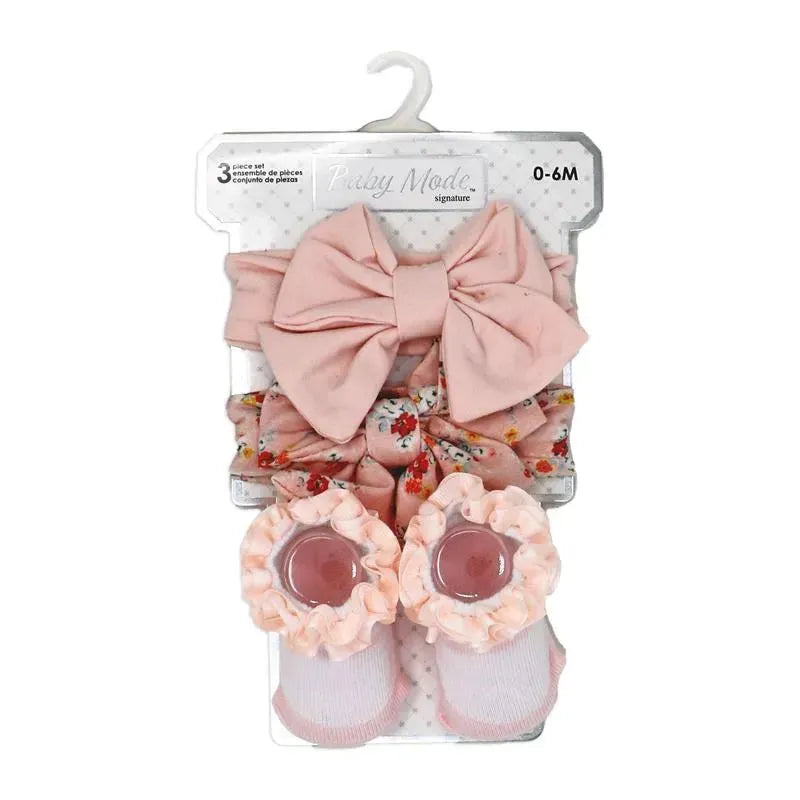 3-piece set featuring a pink bow headband, a floral print headband, and frilly pink socks for infants.