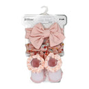 3-piece set featuring a pink bow headband, a floral print headband, and frilly pink socks for infants.