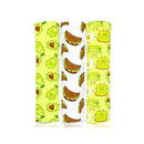 Three knit swaddles in a pack featuring avocado, taco, and cartoon food designs on bright backgrounds.