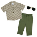 Three-piece baby boy pant set featuring a green checker short-sleeve shirt, olive green pants, and sunglasses.