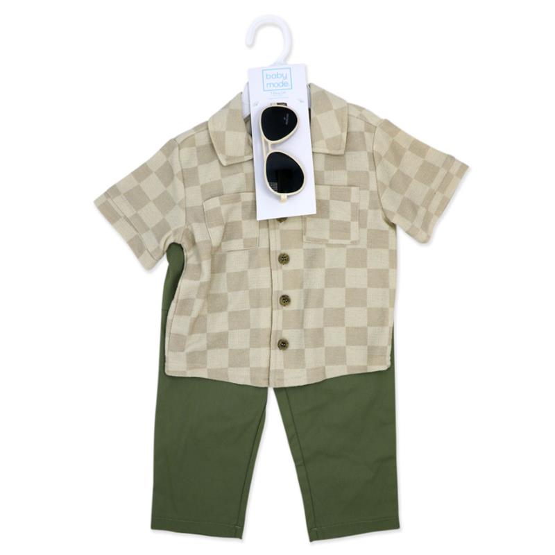 3-piece baby boy pant set featuring a green checker short-sleeve shirt, matching green pants, and a pair of black sunglasses.