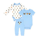 Three-piece baby boy clothing set featuring dog-themed designs: long-sleeve bodysuit, short-sleeve bodysuit, and pants.
