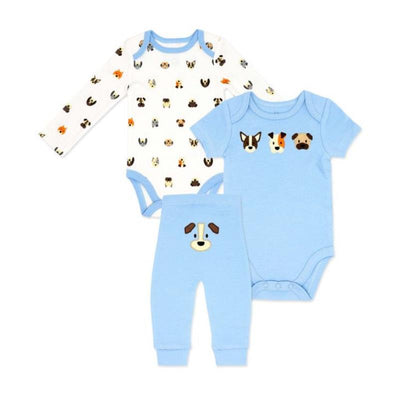 Three-piece baby boy clothing set featuring dog-themed designs: long-sleeve bodysuit, short-sleeve bodysuit, and pants.