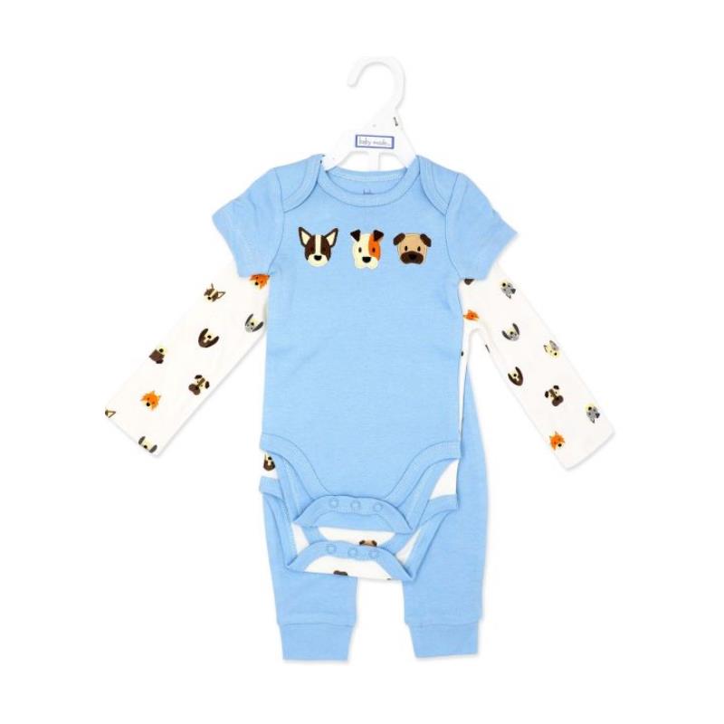 Blue baby bodysuit with animal face prints, paired with white sleeves featuring dog illustrations, from Rose Textiles.