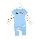 Blue baby bodysuit with animal face prints, paired with white sleeves featuring dog illustrations, from Rose Textiles.