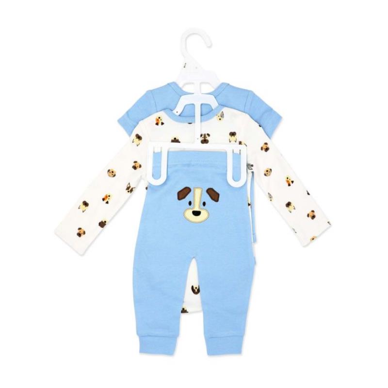 Three-piece baby boy outfit set featuring a blue top and matching pants adorned with a dog print and a dog face design.