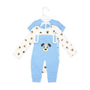 Three-piece baby boy outfit set featuring a blue top and matching pants adorned with a dog print and a dog face design.