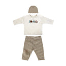 Baby boy waffle pant and hat set in oatmeal brown features striped pants, a light-colored top with a truck design, and a matching hat.