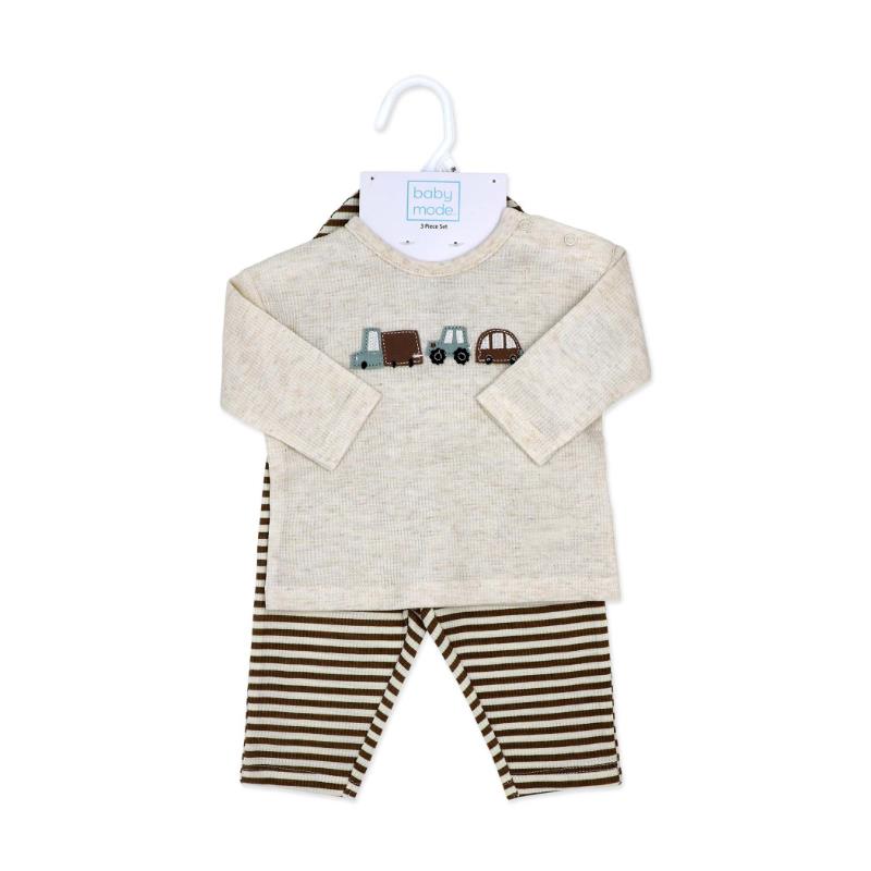 Baby boy waffle pant and hat set in oatmeal brown featuring a long-sleeve top with vehicle design and matching striped pants.