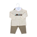 Baby boy waffle pant and hat set in oatmeal brown featuring a long-sleeve top with vehicle design and matching striped pants.