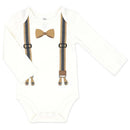 Long-sleeve white onesie for baby boys featuring a design with brown suspenders and a bow tie.