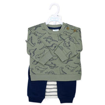 French terry set for baby boys featuring a dinosaur print top and striped bottom, in green and navy colors.