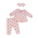 Pink baby girl legging and headband set featuring a long-sleeve top with a ruffled collar and black bow prints.