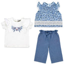 Three-piece baby girl pant set featuring a white ruffled top with floral embroidery, a blue floral top, and denim trousers.