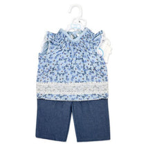 Three-piece baby girl pant set featuring a blue floral top with lace trim and dark denim pants.