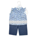 Three-piece baby girl pant set featuring a blue floral top with lace trim and dark denim pants.