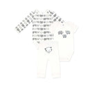 Three-piece baby outfit set featuring a long-sleeve bodysuit with animal patterns, a short-sleeve bodysuit, and pants with a sheep design.