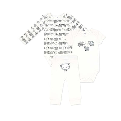 Three-piece baby outfit set featuring a long-sleeve bodysuit with animal patterns, a short-sleeve bodysuit, and pants with a sheep design.