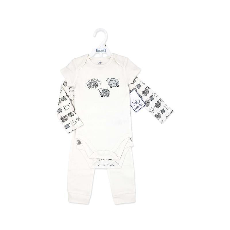 Neutral baby clothing set featuring a short-sleeve onesie with animal prints and matching long-sleeve top and pants.