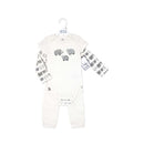 Neutral baby clothing set featuring a short-sleeve onesie with animal prints and matching long-sleeve top and pants.