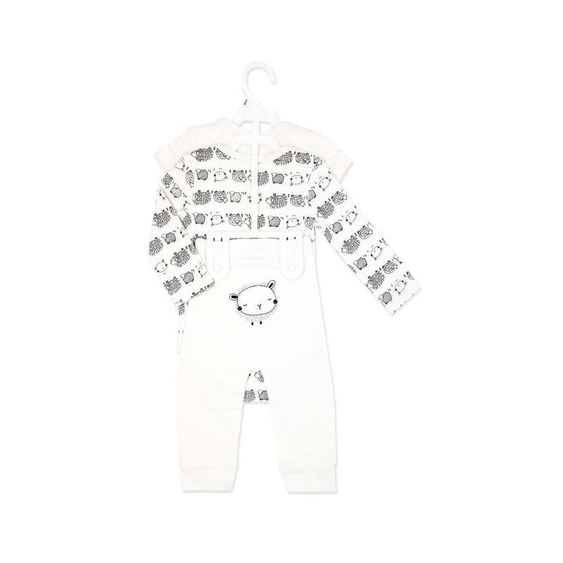 Baby outfit set featuring a long-sleeve top with animal prints and white pants with a sheep design on the pocket.