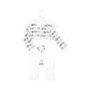Baby outfit set featuring a long-sleeve top with animal prints and white pants with a sheep design on the pocket.