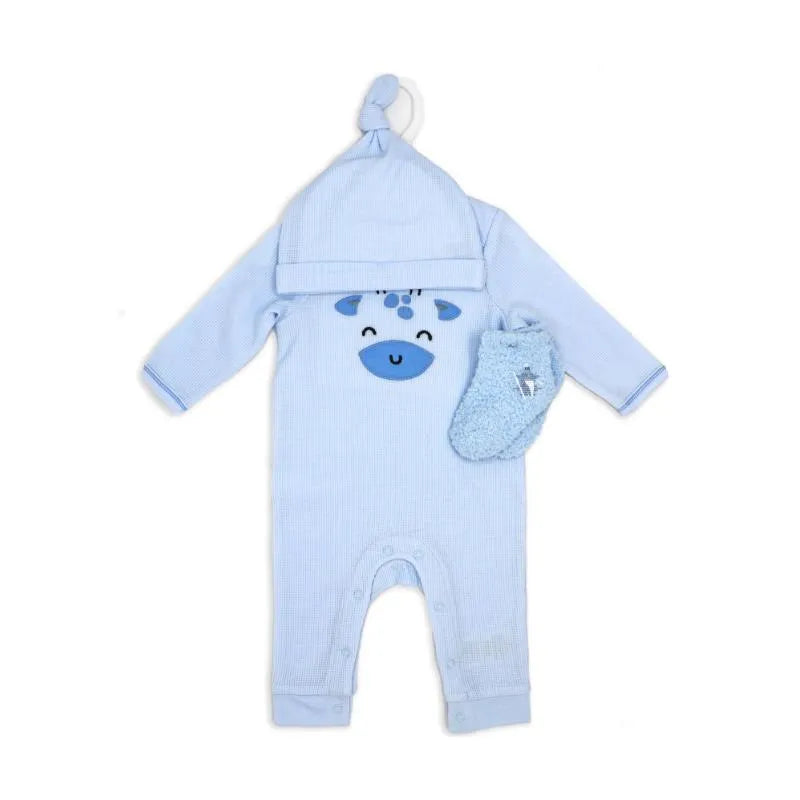 Blue waffle coverall set for boys featuring a giraffe face design, includes matching hat and socks.