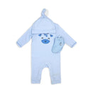 Blue waffle coverall set for boys featuring a giraffe face design, includes matching hat and socks.