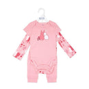 Pink bodysuit set for girls featuring a bunny graphic, with long-sleeved floral sleeves.