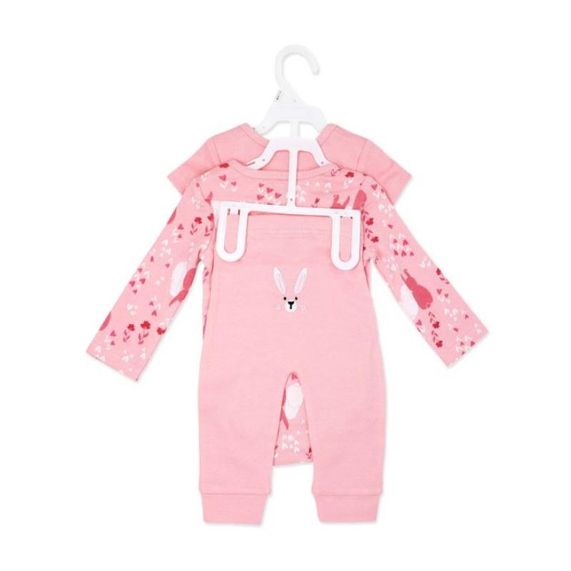 Three-pack pink girl’s outfit set featuring bunny and floral patterns, with long sleeves and a bunny graphic on the back.