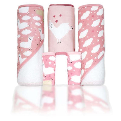 Rose Textiles 3Pk Hooded Towels With 3 Washcloths, Pink Llama Image 1
