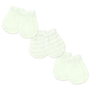 Three pairs of baby mittens in green and white, designed for infants aged 0 to 6 months, with one striped pair.