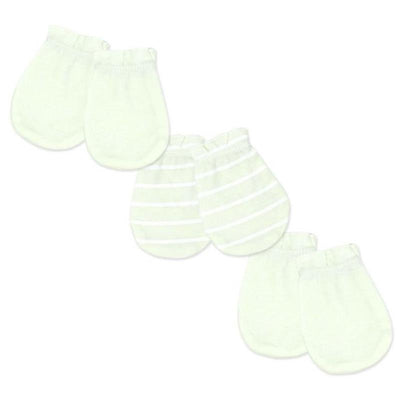 Three pairs of baby mittens in green and white, designed for infants aged 0 to 6 months, with one striped pair.