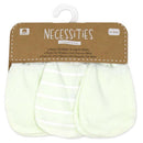 Three pairs of green baby scratch mitts for infants 0 to 6 months, with one pair featuring white stripes.