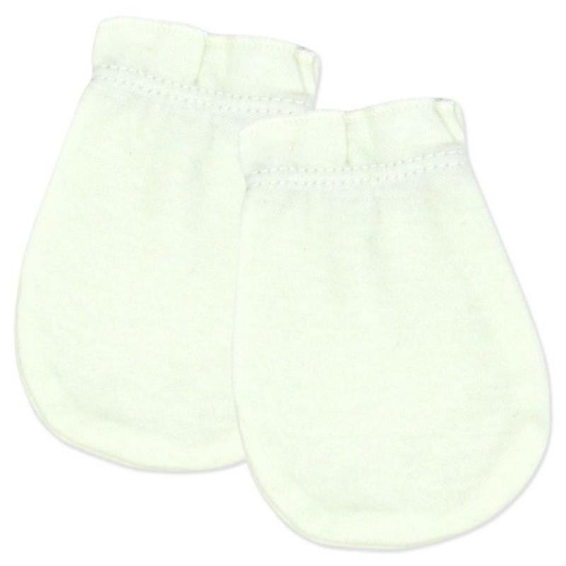 Green baby mitts suited for infants 0 to 6 months, featuring a soft and elastic design for comfort.